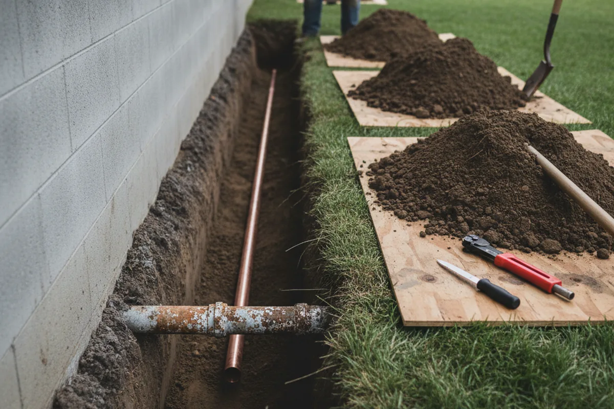 Excavated water line trench during Water Heater Repair in Mary Alice